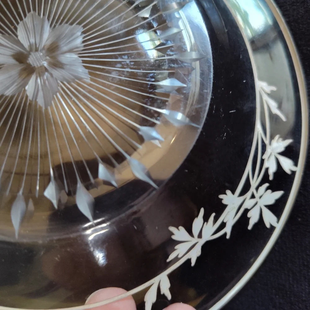 Antique Etched Crystal Plate With Sterling Silver Inlay